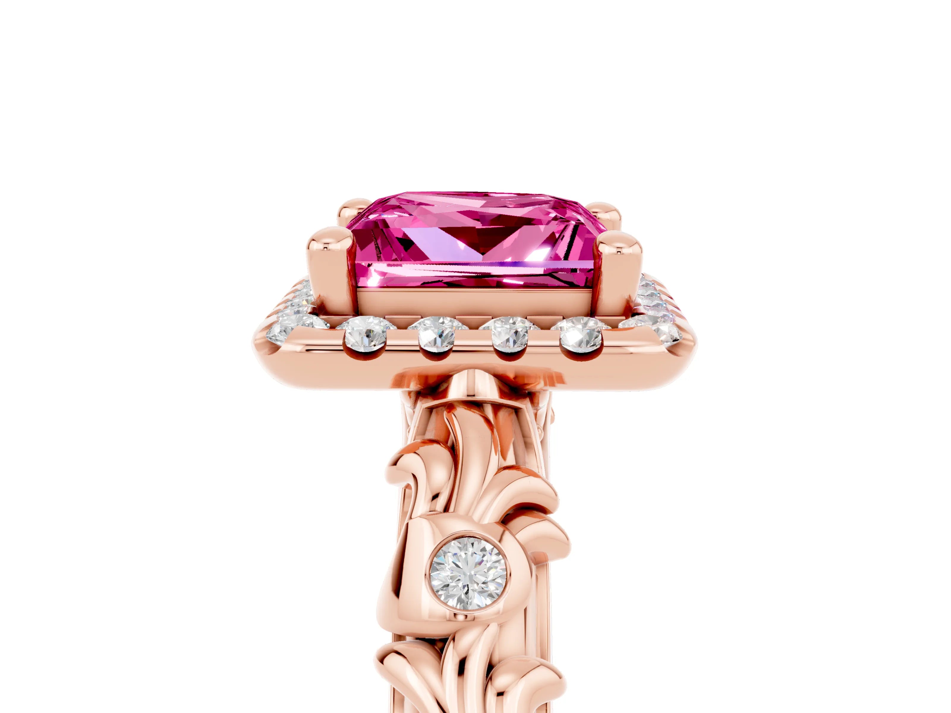 Rose gold Princess Cut Halo Diamond Solitaire with Filigree Band and Four-Prong Setting_5