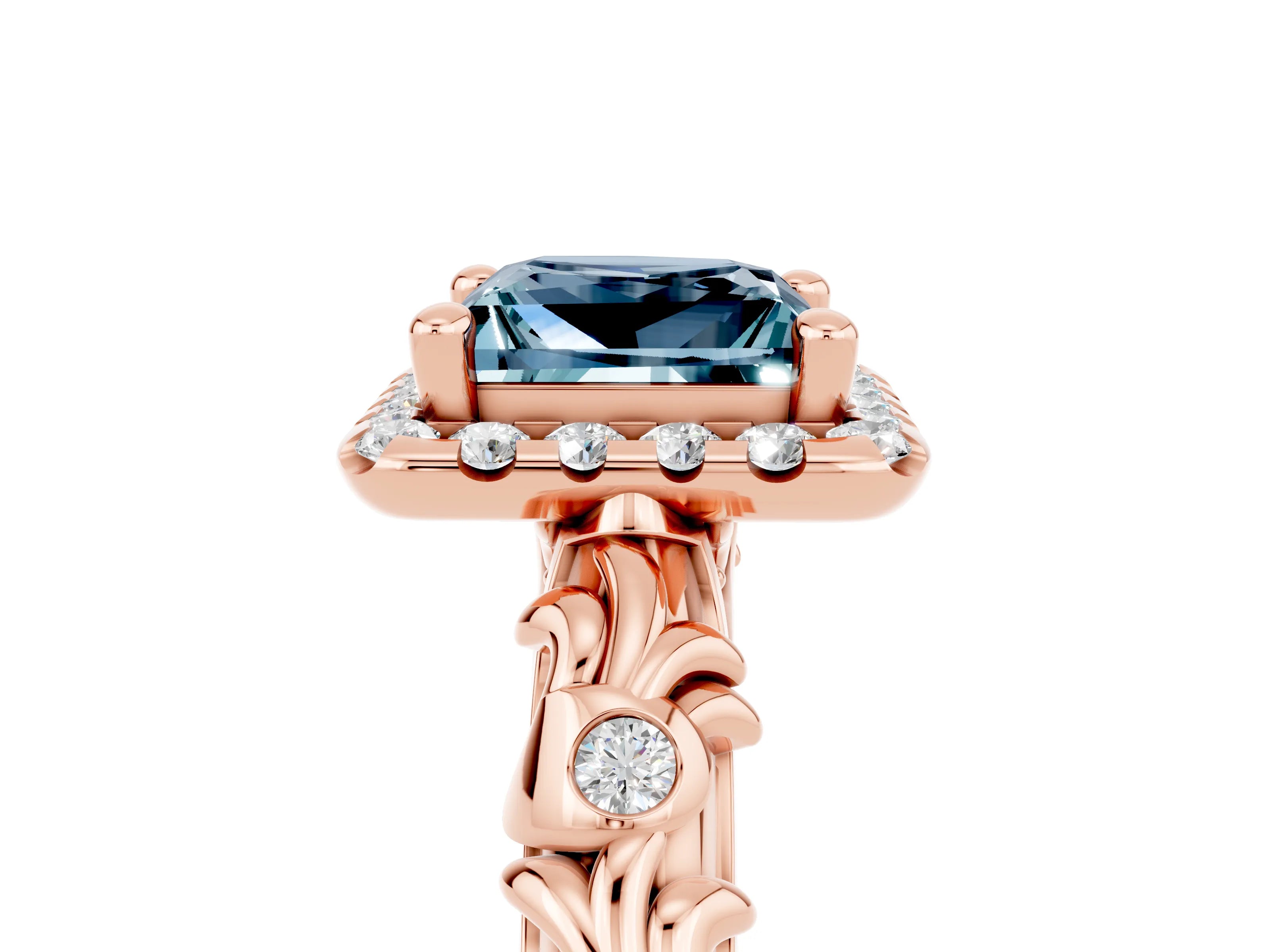 Rose gold Princess Cut Halo Diamond Solitaire with Filigree Band and Four-Prong Setting_5