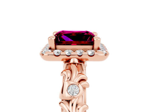 Rose gold Princess Cut Halo Diamond Solitaire with Filigree Band and Four-Prong Setting_5
