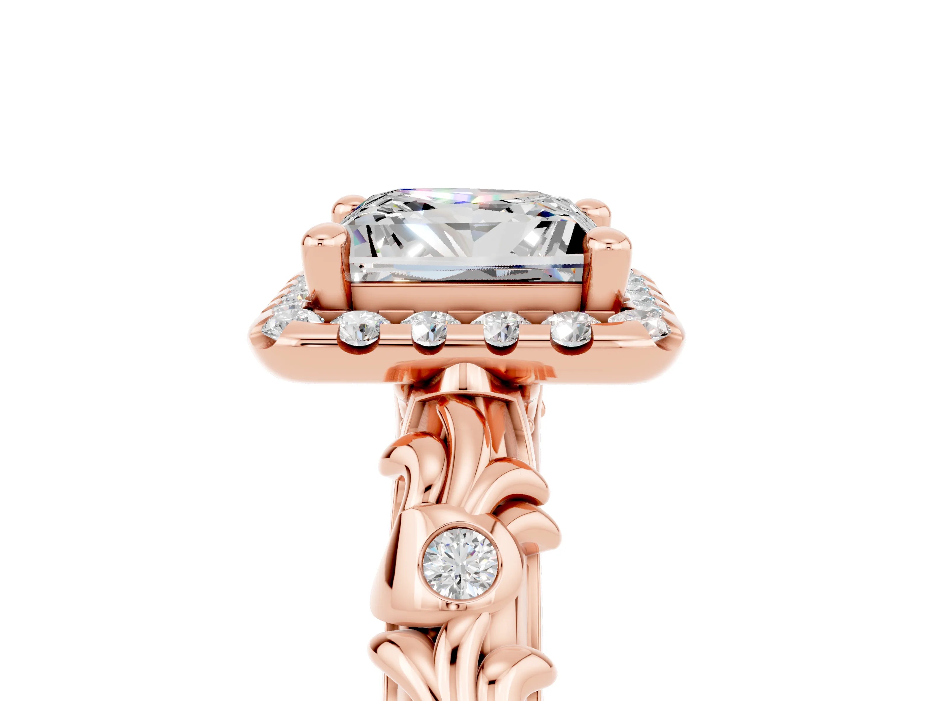Rose gold Princess Cut Halo Diamond Solitaire with Filigree Band and Four-Prong Setting_5