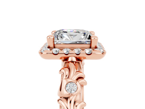 Rose gold Princess Cut Halo Diamond Solitaire with Filigree Band and Four-Prong Setting_5