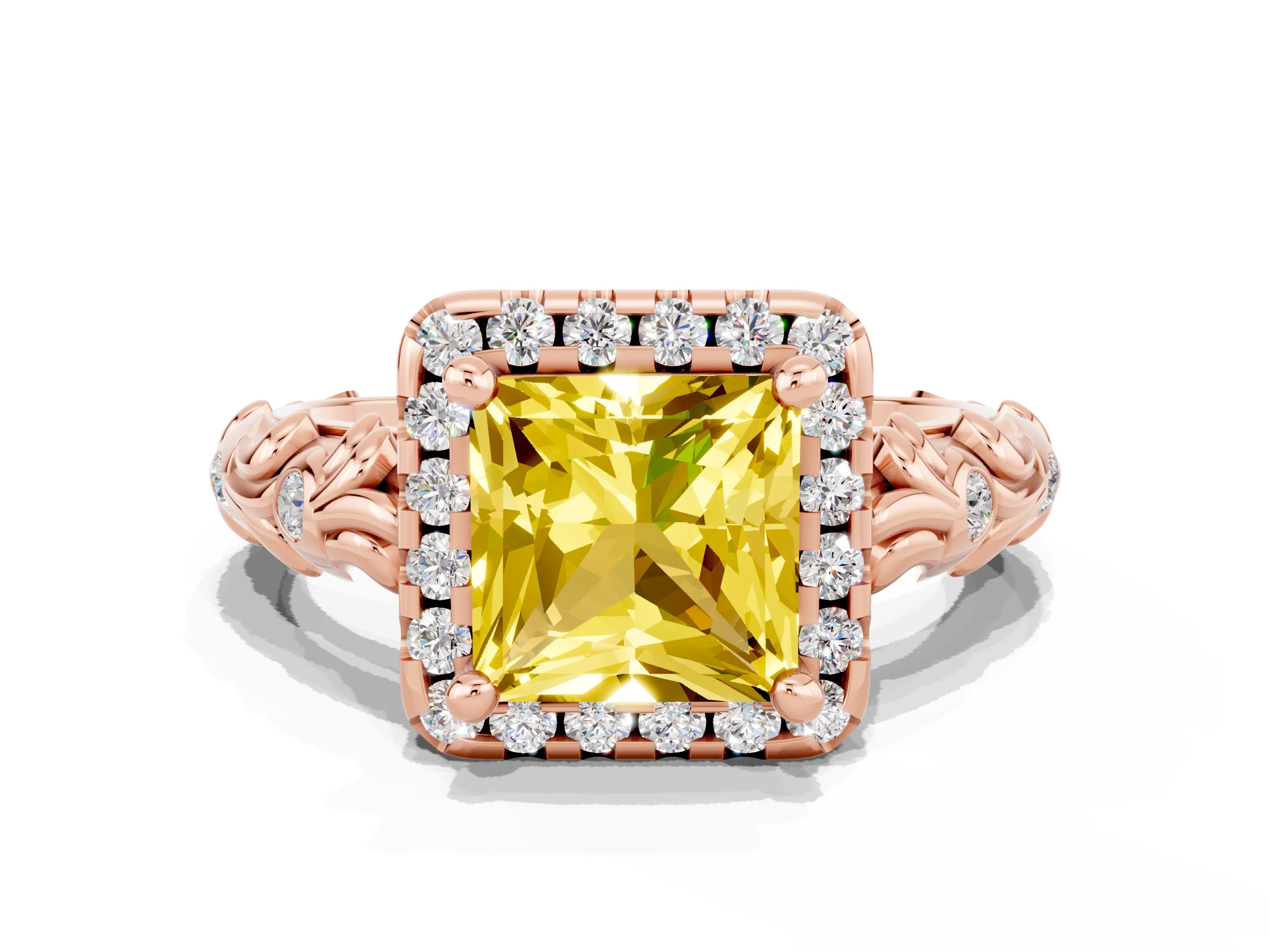 Rose gold Princess Cut Halo Diamond Solitaire with Filigree Band and Four-Prong Setting