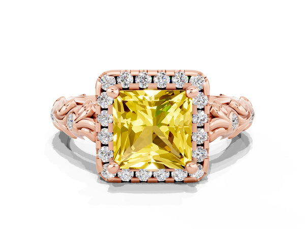 Rose gold Princess Cut Yellow Sapphire Halo Ring with Filigree Band and Prong Setting