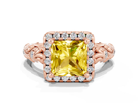Rose gold Princess Cut Halo Diamond Solitaire with Filigree Band and Four-Prong Setting