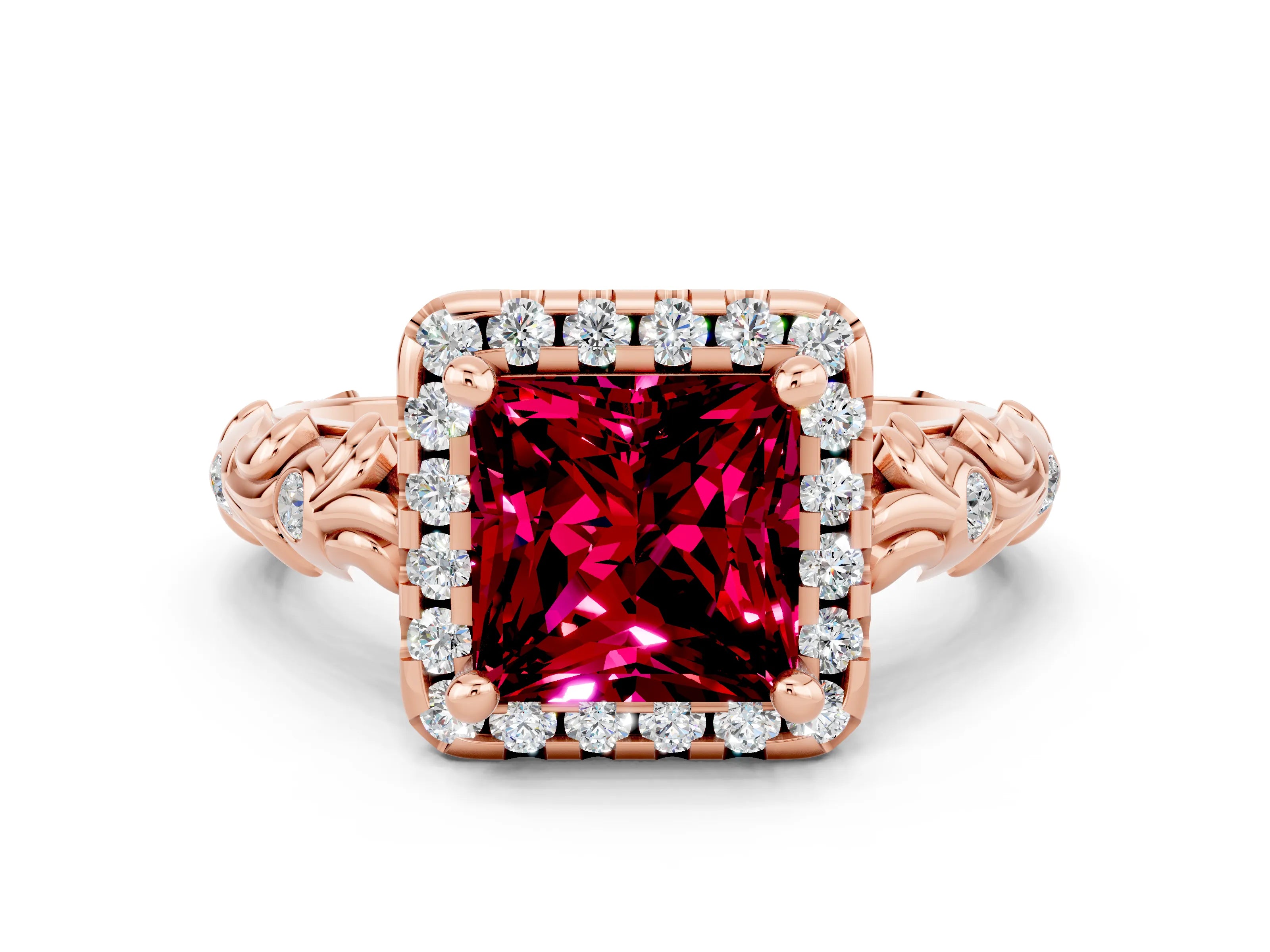 Rose gold Princess Cut Halo Diamond Solitaire with Filigree Band and Four-Prong Setting