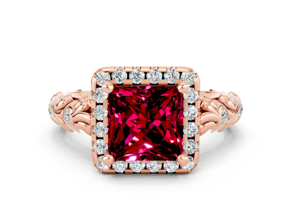Rose gold Princess Cut Garnet Halo Ring with Filigree Band and Prong Setting