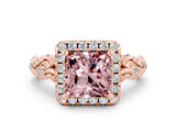 Rose gold Princess Cut Halo Diamond Solitaire with Filigree Band and Four-Prong Setting