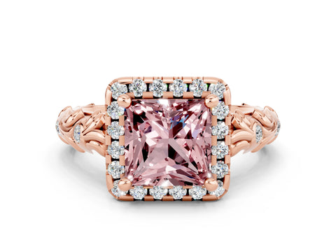 Rose gold Princess Cut Halo Diamond Solitaire with Filigree Band and Four-Prong Setting