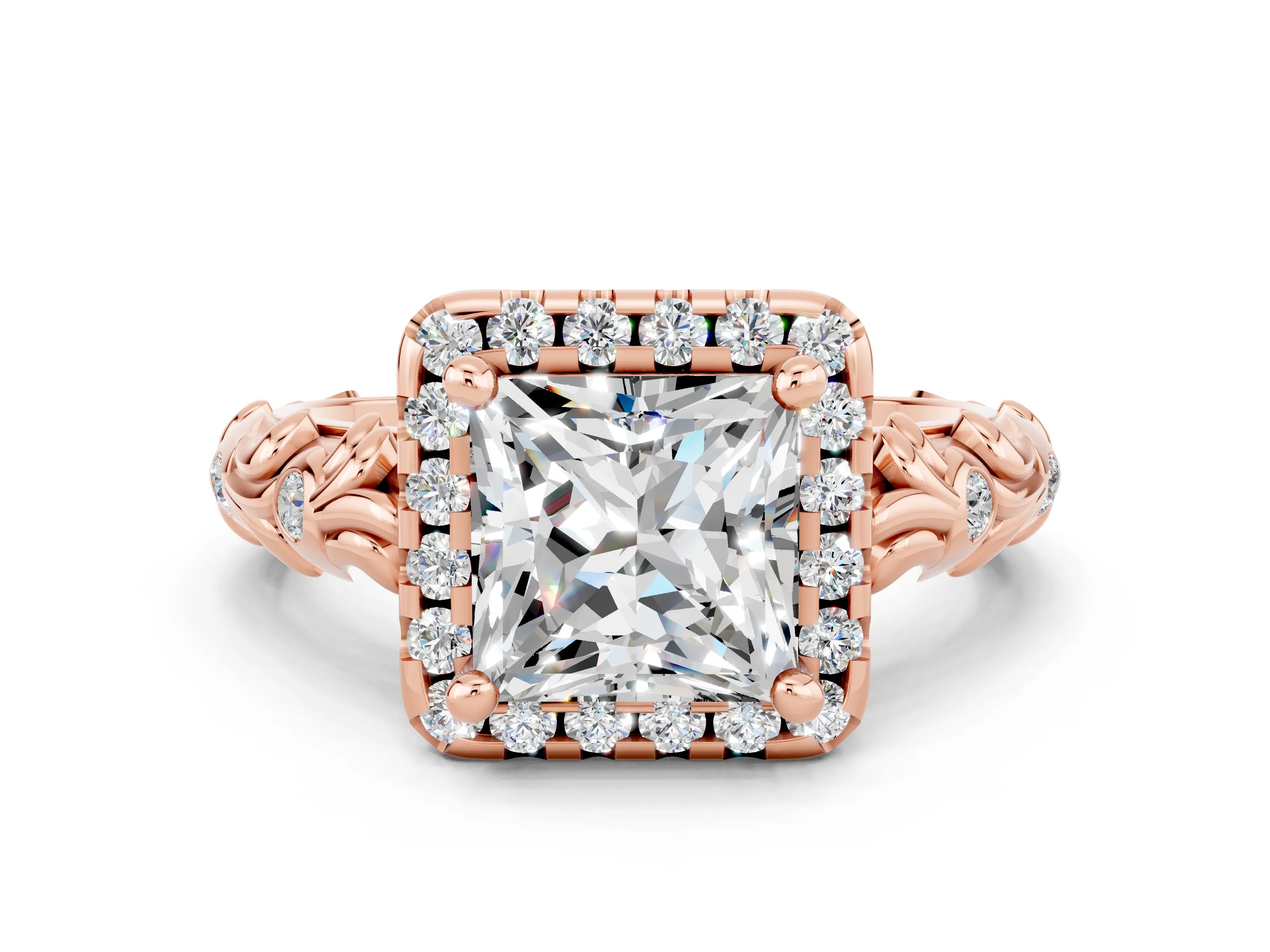 Rose gold Princess Cut Halo Diamond Solitaire with Filigree Band and Four-Prong Setting