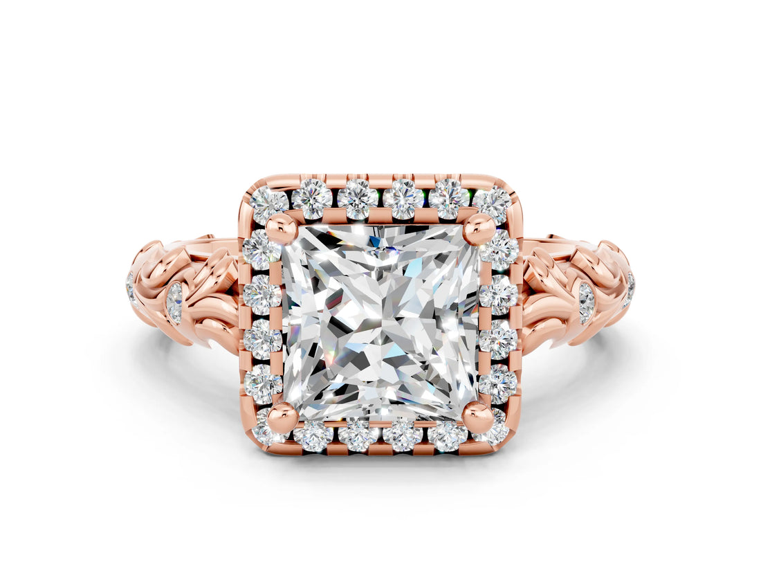 Rose gold Princess Cut Halo Diamond Solitaire with Filigree Band and Four-Prong Setting