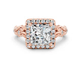 Rose gold Princess Cut Halo Diamond Solitaire with Filigree Band and Four-Prong Setting