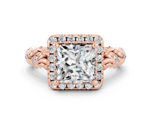 Rose gold Princess Cut Moissanite Halo Ring with Filigree Band and Prong Setting