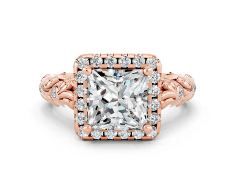 Rose gold Princess Cut Halo Diamond Solitaire with Filigree Band and Four-Prong Setting