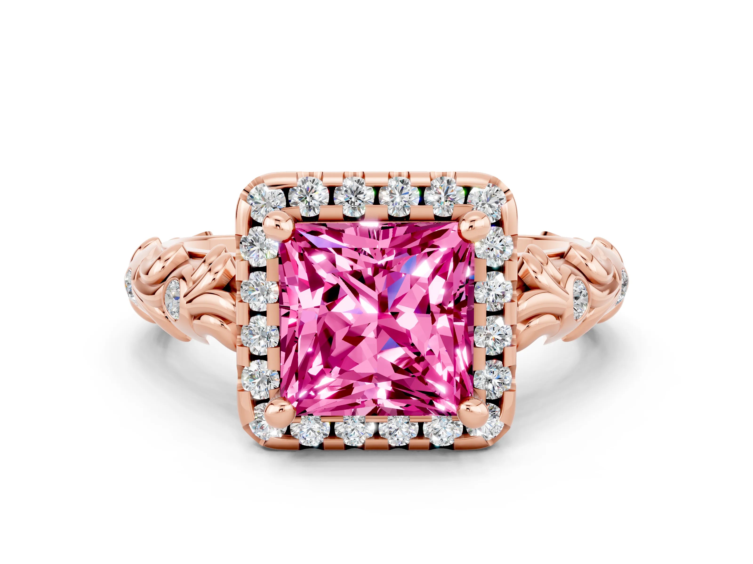 Rose gold Princess Cut Halo Diamond Solitaire with Filigree Band and Four-Prong Setting