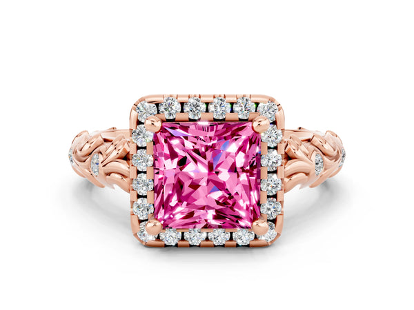 Rose gold Princess Cut Pink Sapphire Halo Ring with Filigree Band and Prong Setting