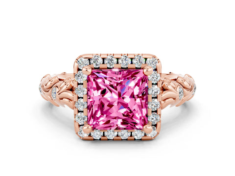 Rose gold Princess Cut Halo Diamond Solitaire with Filigree Band and Four-Prong Setting