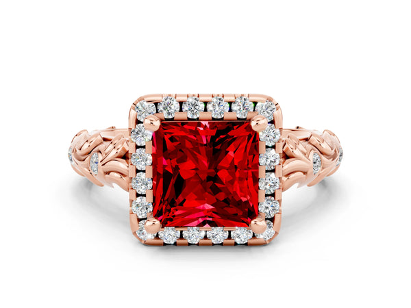 Rose gold Princess Cut Ruby Halo Ring with Filigree Band and Prong Setting