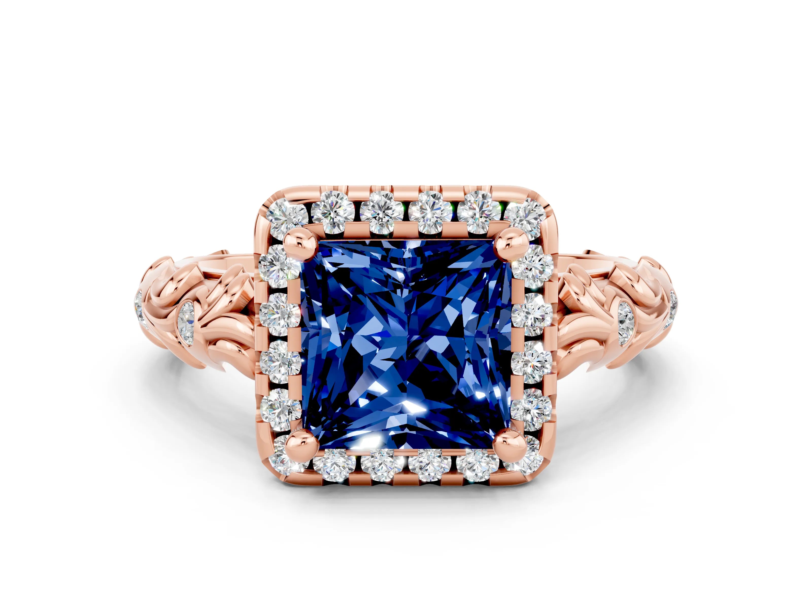 Rose gold Princess Cut Halo Diamond Solitaire with Filigree Band and Four-Prong Setting