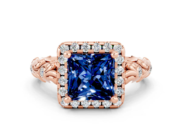 Rose gold Princess Cut Blue Sapphire Halo Ring with Filigree Band and Prong Setting