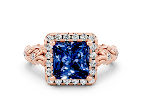 Rose gold Princess Cut Halo Diamond Solitaire with Filigree Band and Four-Prong Setting
