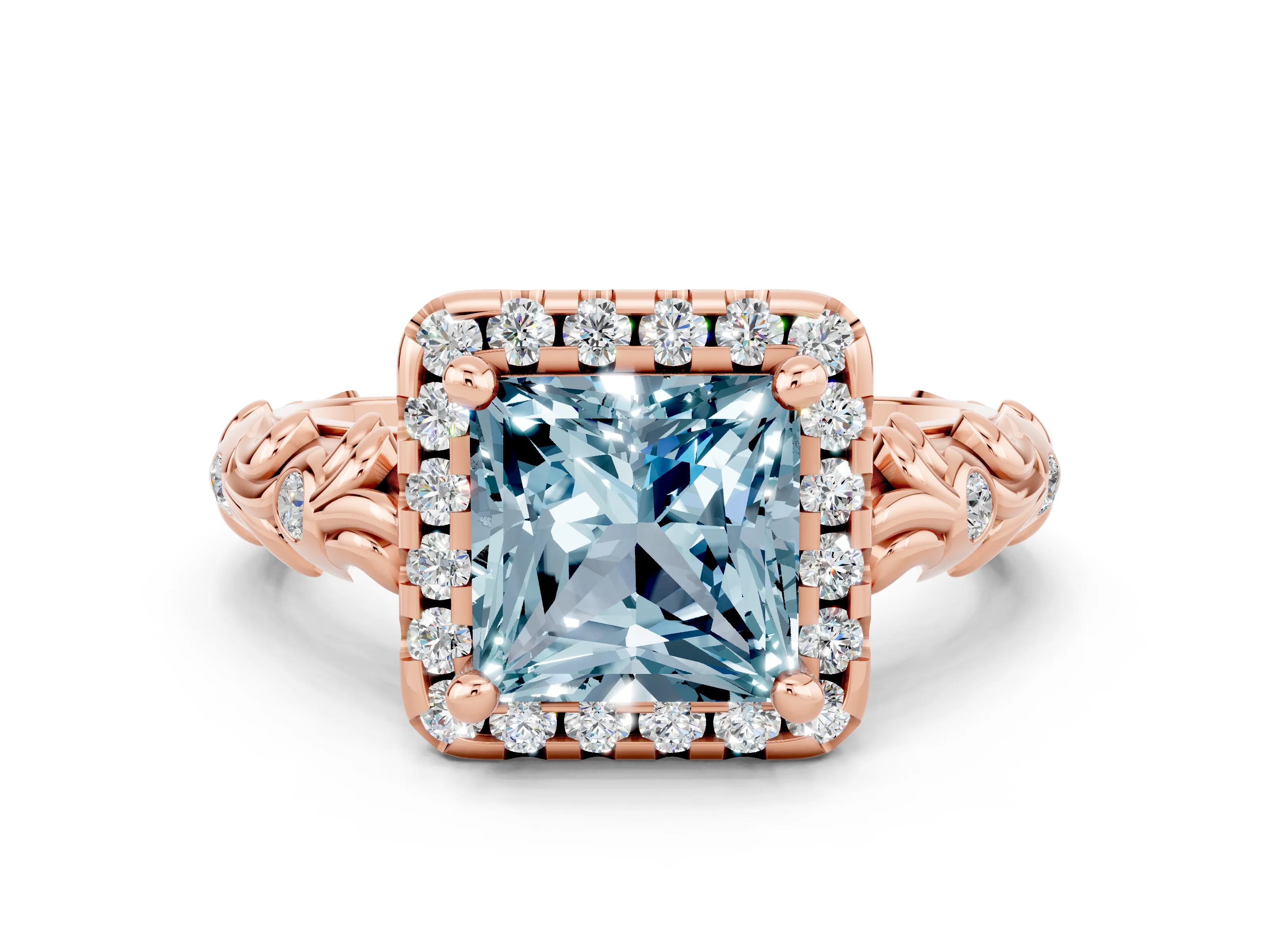 Rose gold Princess Cut Halo Diamond Solitaire with Filigree Band and Four-Prong Setting