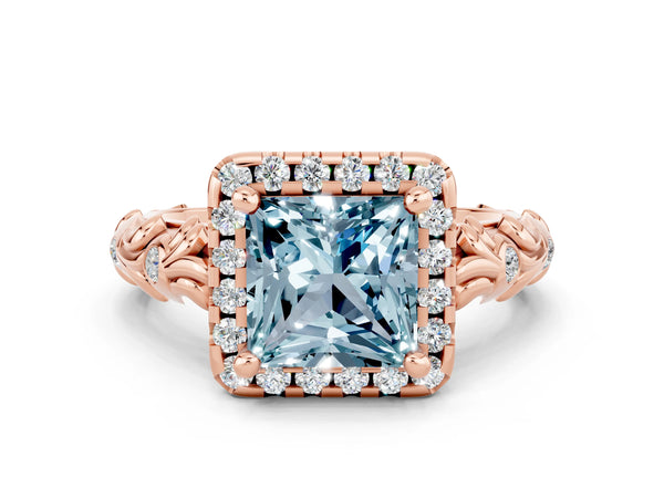 Rose gold Princess Cut Aquamarine Halo Ring with Filigree Band and Prong Setting