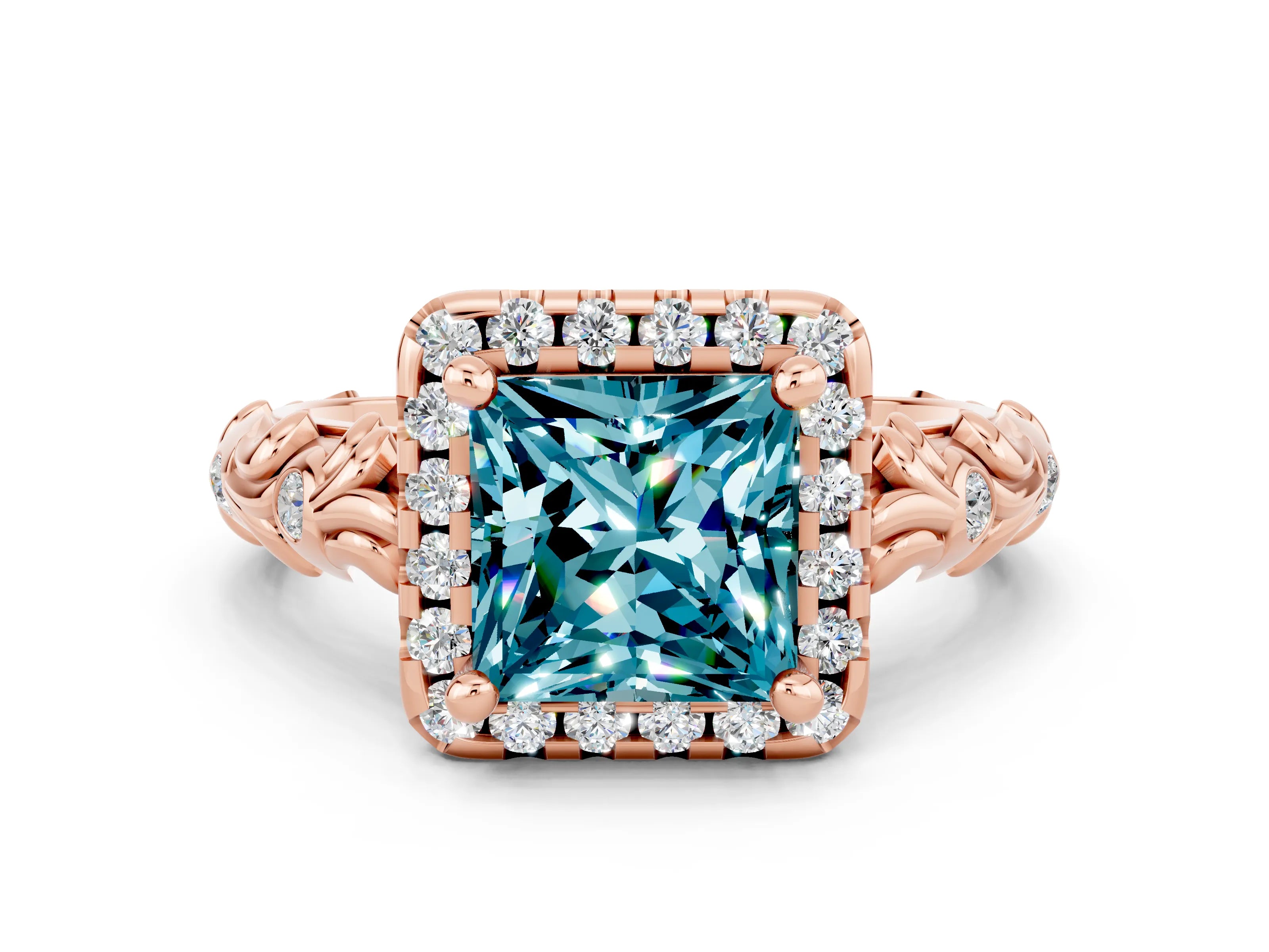 Rose gold Princess Cut Halo Diamond Solitaire with Filigree Band and Four-Prong Setting