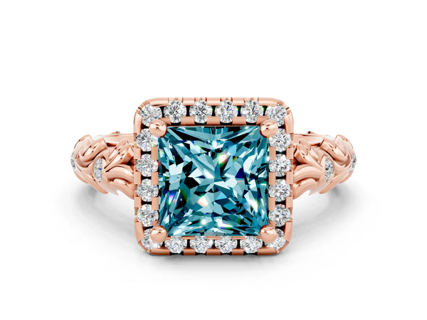 Rose gold Princess Cut Halo Diamond Solitaire with Filigree Band and Four-Prong Setting