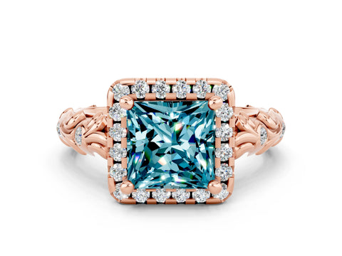 Rose gold Princess Cut Halo Diamond Solitaire with Filigree Band and Four-Prong Setting