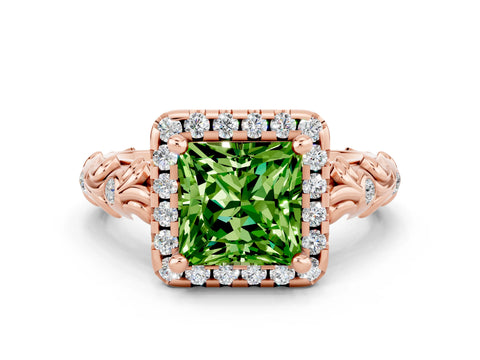 Rose gold Princess Cut Halo Diamond Solitaire with Filigree Band and Four-Prong Setting