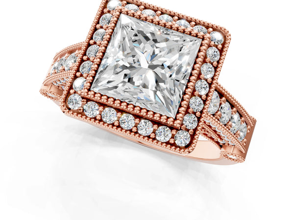 Rose Gold Princess Cut Vintage Bezel Halo Engagement Ring Setting