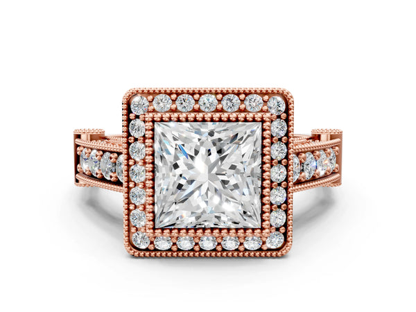 Rose Gold Princess Cut Vintage Bezel Halo Engagement Ring Setting