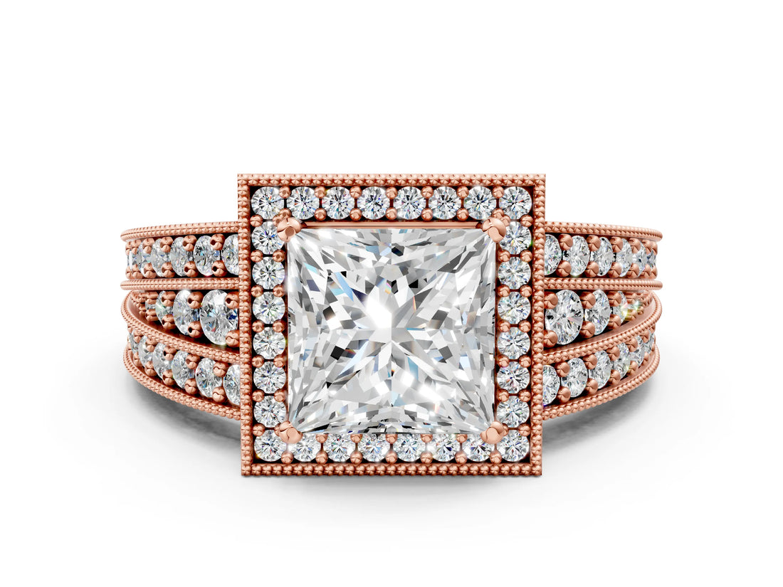Rose gold Princess Cut Halo Diamond Split Shank Ring with Prong Setting_3