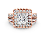 Rose gold Princess Cut Halo Diamond Split Shank Ring with Scalloped Prong Setting_7