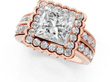 Rose gold Princess Cut Halo Diamond Split Shank Ring with Scalloped Prong Setting_8