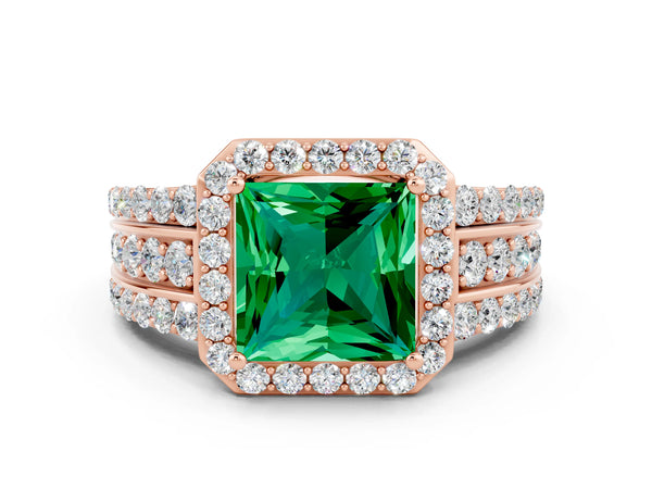 Rose gold Princess Cut Halo Emerald Ring with Round  Split Shank and Prong Setting