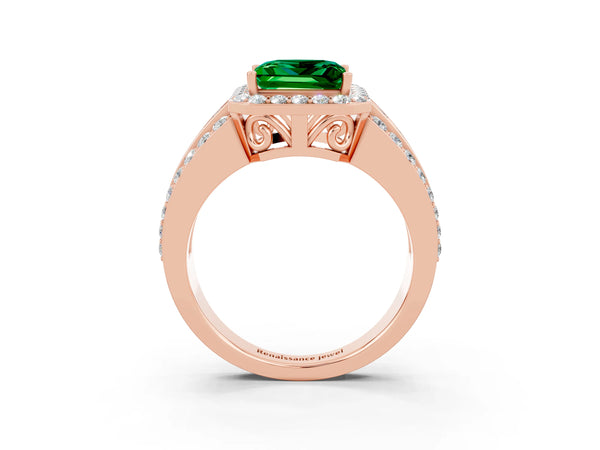 Rose gold Princess Cut Halo Emerald Ring with Round  Split Shank and Prong Setting