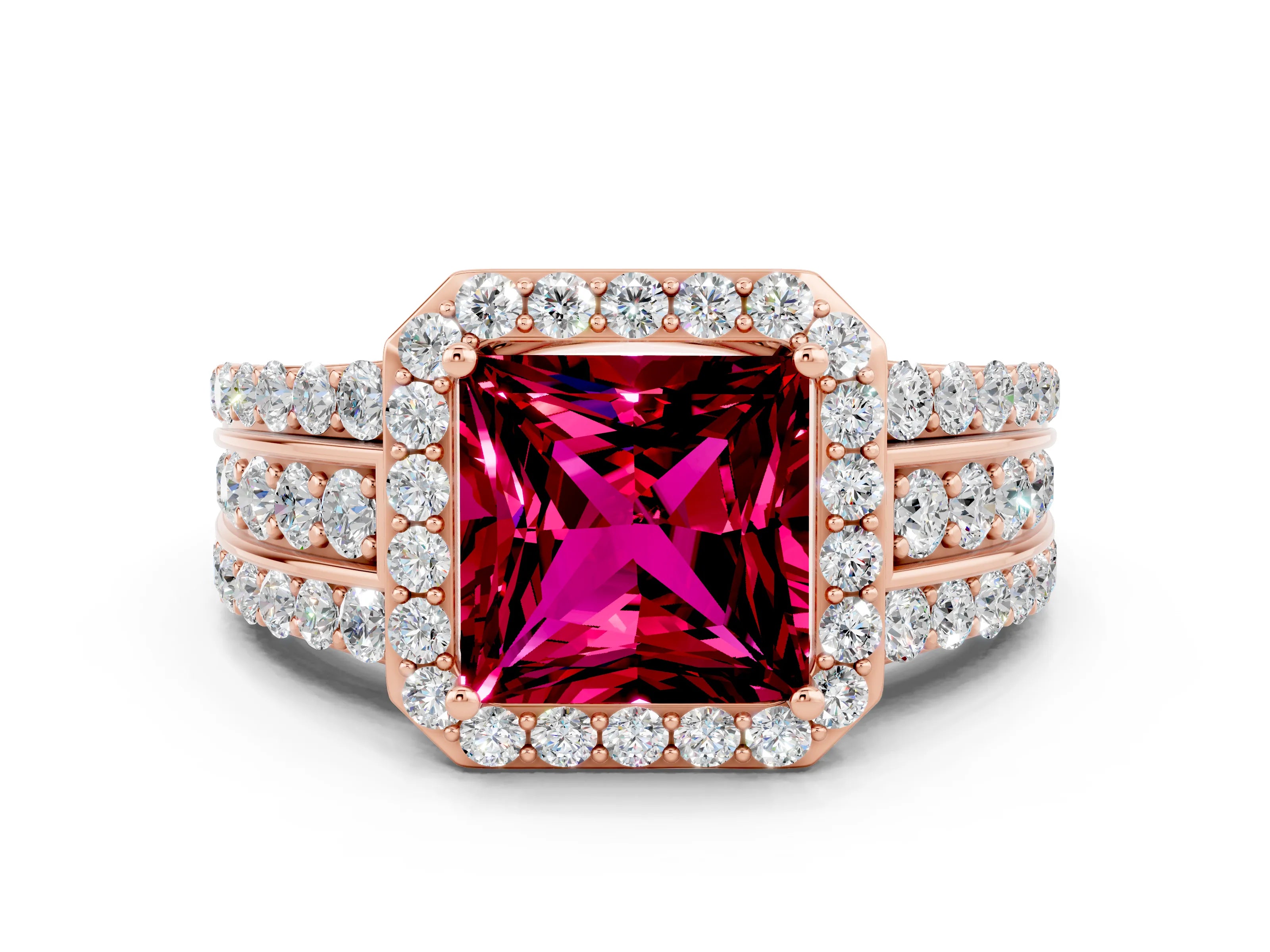 Rose gold Princess Cut Halo Garnet Ring with Split Shank and Four-Prong Setting
