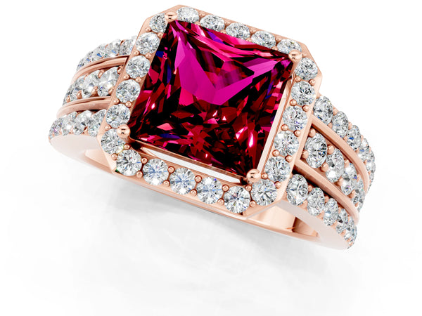 Rose gold Princess Cut Halo Garnet Ring with Round  Split Shank and Prong Setting