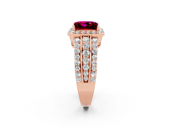 Rose gold Princess Cut Halo Garnet Ring with Round  Split Shank and Prong Setting