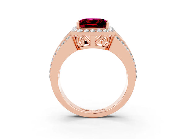 Rose gold Princess Cut Halo Garnet Ring with Round  Split Shank and Prong Setting
