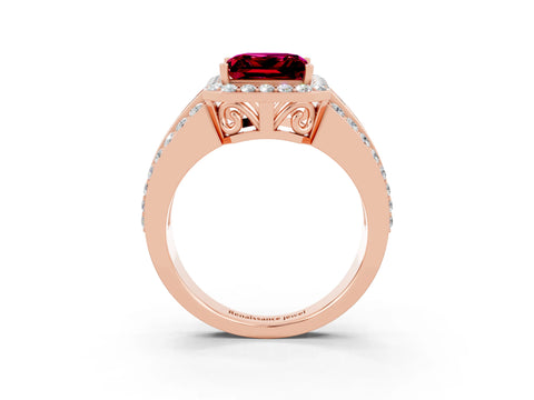 Rose gold Princess Cut Halo Garnet Ring with Split Shank and Four-Prong Setting_3