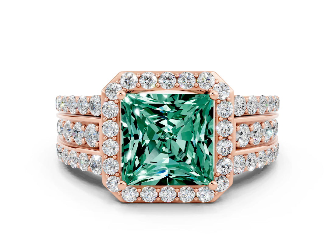 Rose gold Princess Cut Halo Green Sapphire Ring with Split Shank and Four-Prong Setting