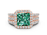 Rose gold Princess Cut Halo Green Sapphire Ring with Split Shank and Four-Prong Setting