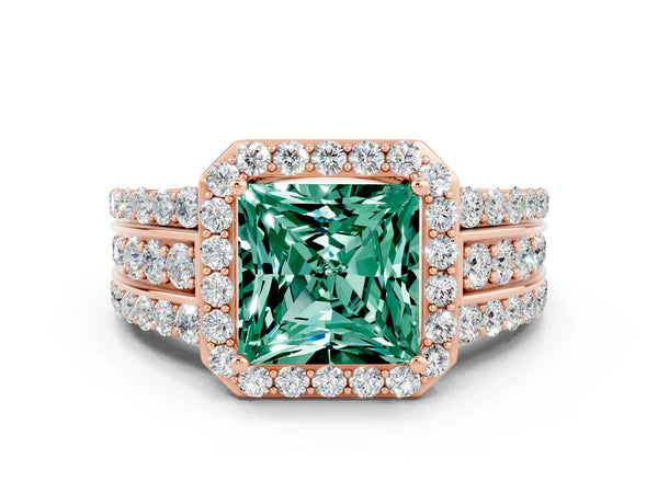 Rose gold Princess Cut Halo Green Sapphire Ring with Round  Split Shank and Prong Setting