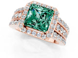 Rose gold Princess Cut Halo Green Sapphire Ring with Split Shank and Four-Prong Setting_1
