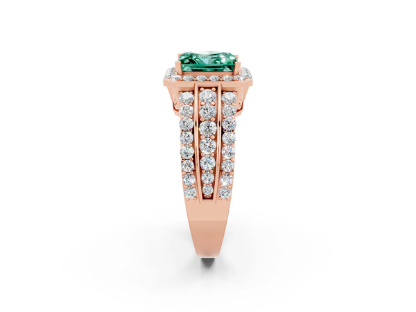 Rose gold Princess Cut Halo Green Sapphire Ring with Round  Split Shank and Prong Setting
