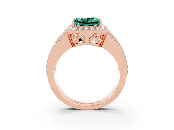 Rose gold Princess Cut Halo Green Sapphire Ring with Round  Split Shank and Prong Setting