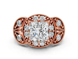 Rose gold Princess Cut Halo Milgrain Diamond Engagement Ring with Leaf Band and Four-Prong Setting_3