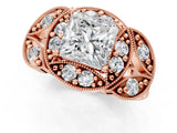Rose gold Princess Cut Halo Milgrain Diamond Engagement Ring with Leaf Band and Four-Prong Setting_4